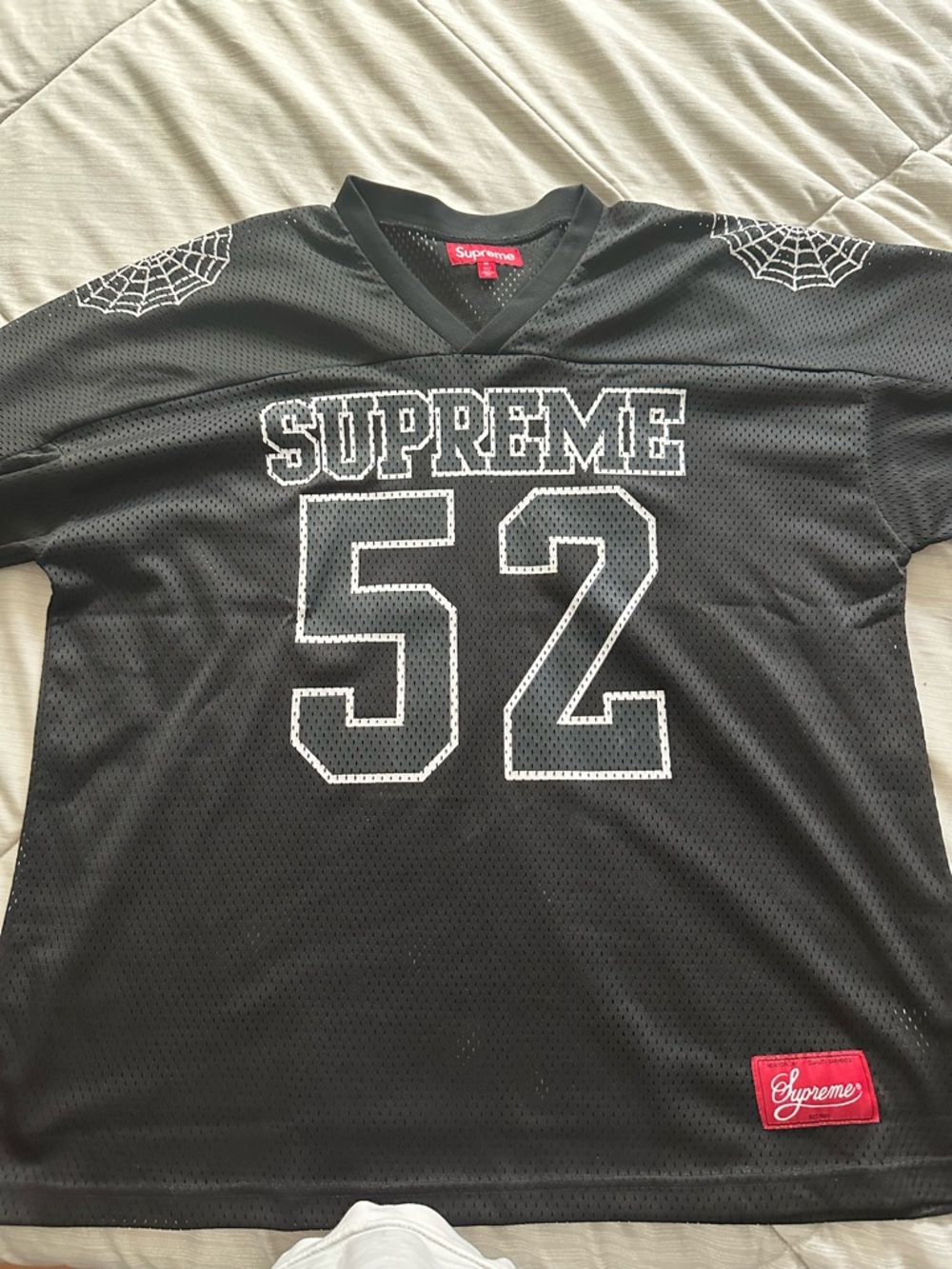Supreme Black Mesh Jersey with White Number 52 and Spiderweb Shoulders